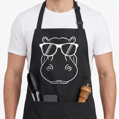 Hippopotamus hippo apron - White line-art drawing of a hippo head wearing sunglasses — shown on a black cotton canvas apron against a white background