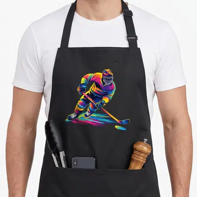 Player hockey apron - Rainbow cartoon hockey player skating with stick and puck in blue yellow red purple green — shown on a black cotton canvas apron against a white background