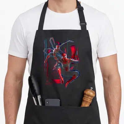 Suit infinity apron - Two overlapping Spider-Man suits in red blue gold with Avengers Infinity War text — shown on a black cotton canvas apron against a white background