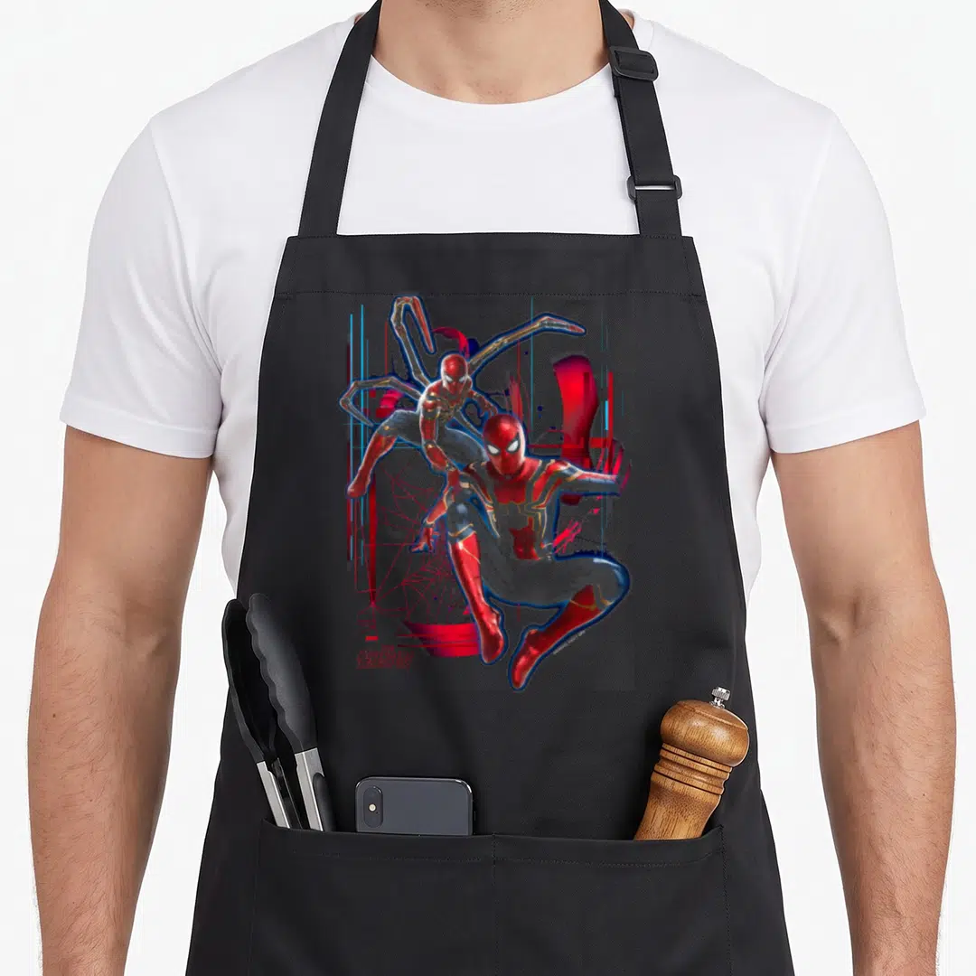 Suit infinity apron - Two overlapping Spider-Man suits in red blue gold with Avengers Infinity War text — shown on a black cotton canvas apron against a white background