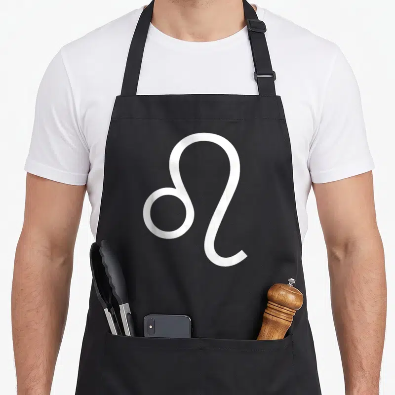 Funny leo zodiac aprons - Minimalist white Leo zodiac symbol centered on plain background — shown on a black cotton canvas apron against a white background