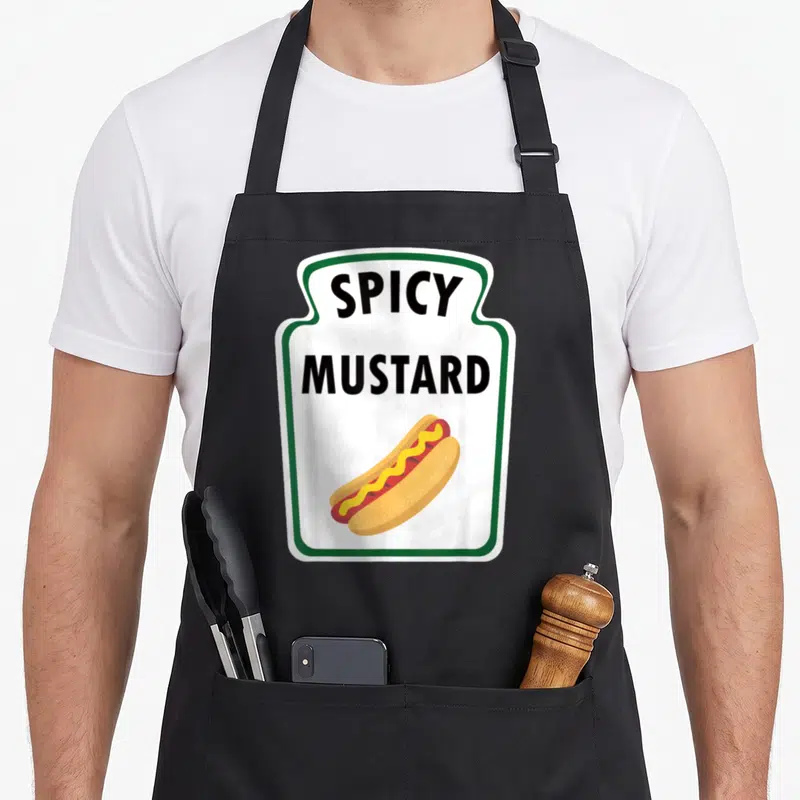 Relish halloween apron - Cartoon hot dog inside green-bordered mustard bottle label reading SPICY MUSTARD — shown on a black cotton canvas apron against a white background