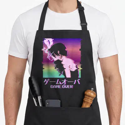 Vaporwave anime apron - Glitched anime silhouette on pink purple blue green gradient with stacked GAME OVER text — shown on a black cotton canvas apron against a white background