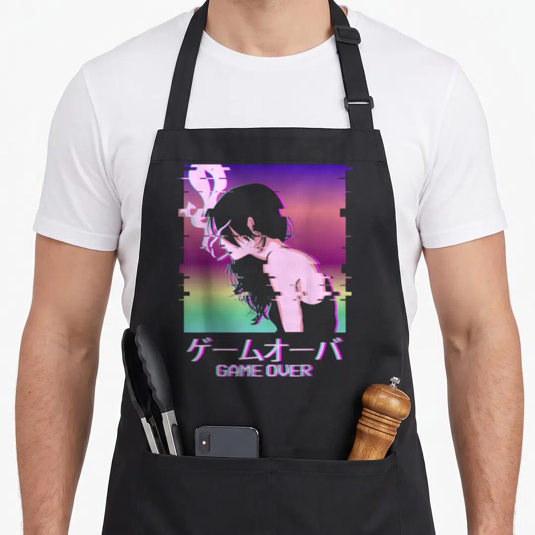 Vaporwave anime apron - Glitched anime silhouette on pink purple blue green gradient with stacked GAME OVER text — shown on a black cotton canvas apron against a white background