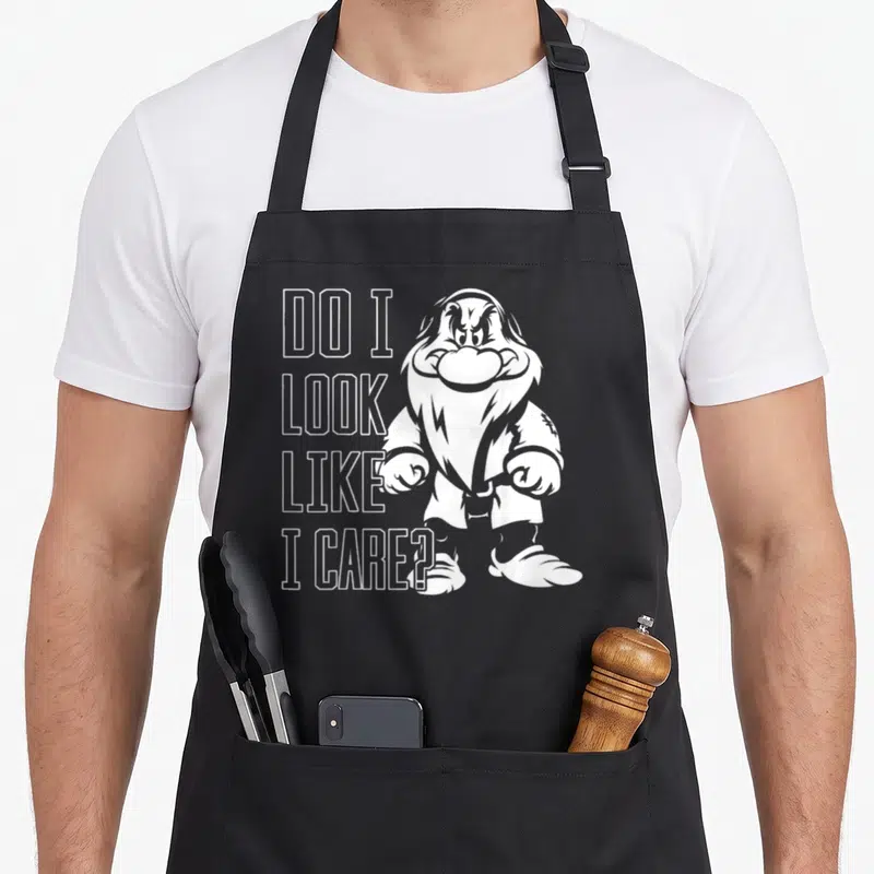 Care snow white apron - Grumpy dwarf illustration next to stacked text DO I LOOK LIKE I CARE in white outline — shown on a black cotton canvas apron against a white background