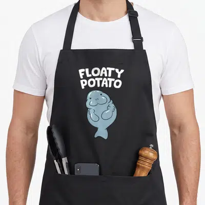 Floaty potato apron - Cartoon blue-grey manatee below white stacked text reading FLOATY POTATO — shown on a black cotton canvas apron against a white background