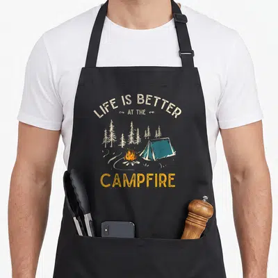 Das happy camper apron - LIFE IS BETTER AT THE CAMPFIRE text over teal tent, pine trees, and orange campfire — shown on a black cotton canvas apron against a white background