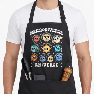 Neurodiverse special aprons - Cartoon planets with arched text Neurodiverse Universe and supportive messages — shown on a black cotton canvas apron against a white background