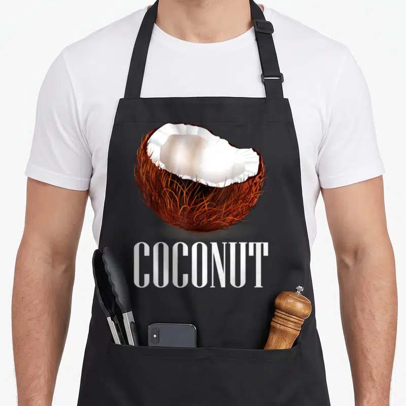 Cute coconut apron - Realistic halved brown coconut with white meat above bold white COCONUT text — shown on a black cotton canvas apron against a white background