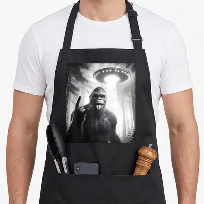 Sasquatch selfie bigfoot apron - Realistic gorilla sticking tongue out with UFO light beam in misty forest — shown on a black cotton canvas apron against a white background