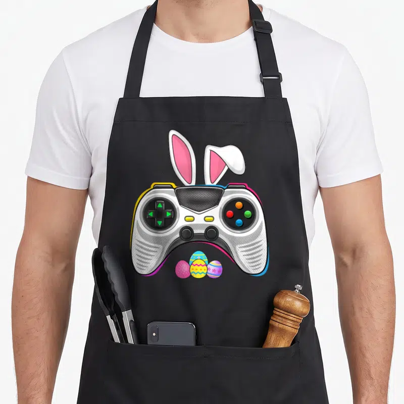 Bunny video game apron - White game controller with pink bunny ears and three decorated Easter eggs below — shown on a black cotton canvas apron against a white background
