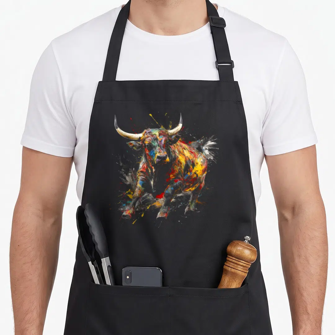 Bull drip apron - Multicolored watercolor bull with yellow red blue orange paint splatters on black fabric — shown on a black cotton canvas apron against a white background