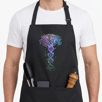 Tree science apron - Watercolor DNA helix tree with purple blue and green canopy and roots — shown on a black cotton canvas apron against a white background