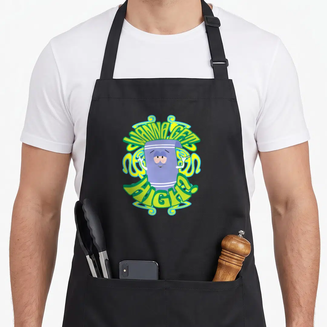 Funny park apron - Cartoon purple burrito character with WANNA GET HIGH? text in lime green and yellow swirls — shown on a black cotton canvas apron against a white background