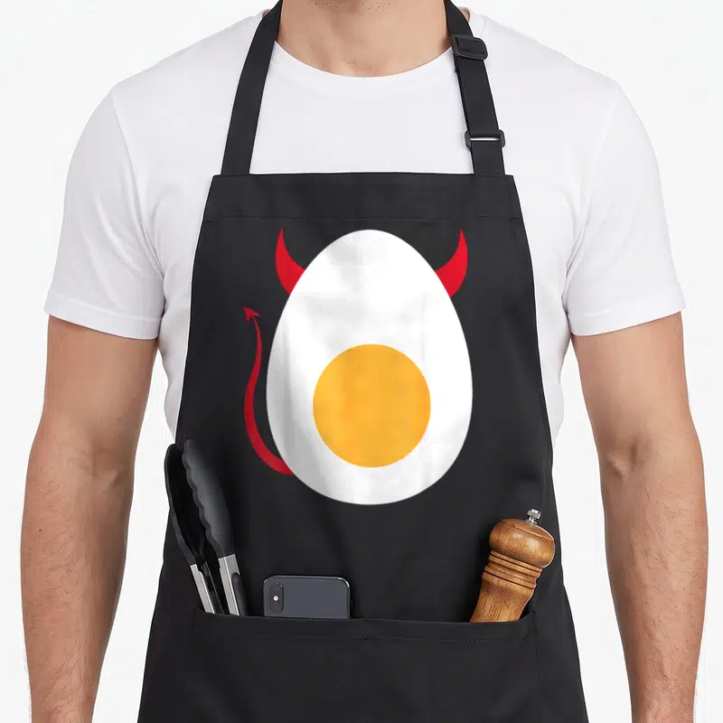 Boiled egg apron - White fried egg with yellow yolk, red horns, and red devil tail — shown on a black cotton canvas apron against a white background