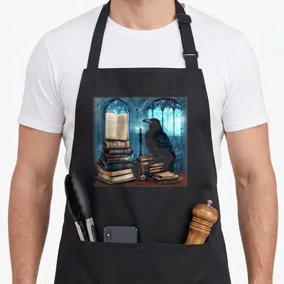 Sitting gothic apron - Raven on books with candle and gothic windows in blue and brown — shown on a black cotton canvas apron against a white background