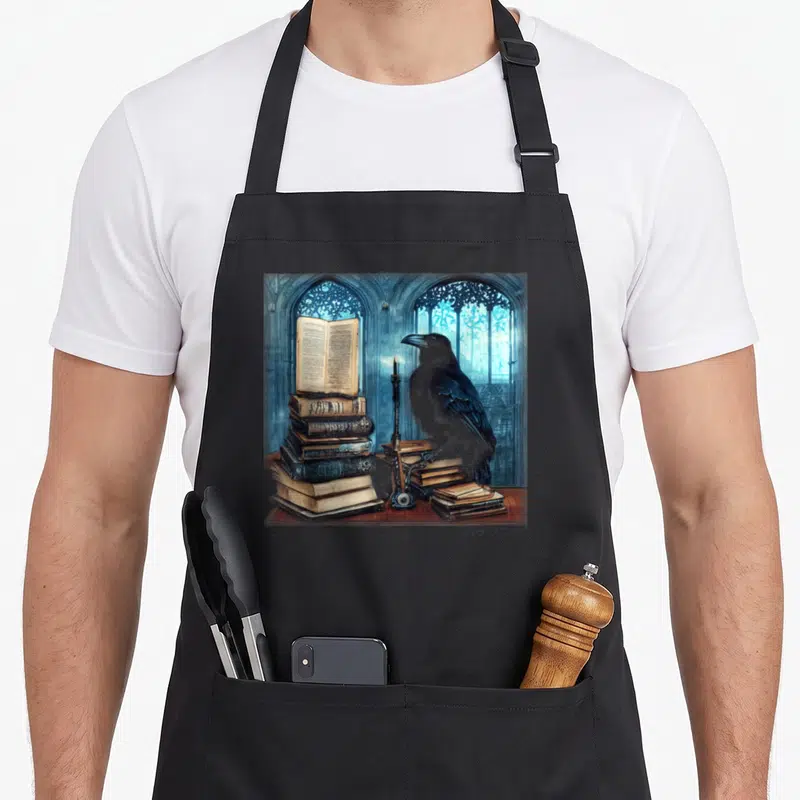 Sitting gothic apron - Raven on books with candle and gothic windows in blue and brown — shown on a black cotton canvas apron against a white background