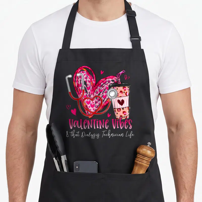 Anyone valentine's day apron - Cartoon heart patterned with small hearts, red stethoscope, leopard cup, and Valentine — shown on a black cotton canvas apron against a white background