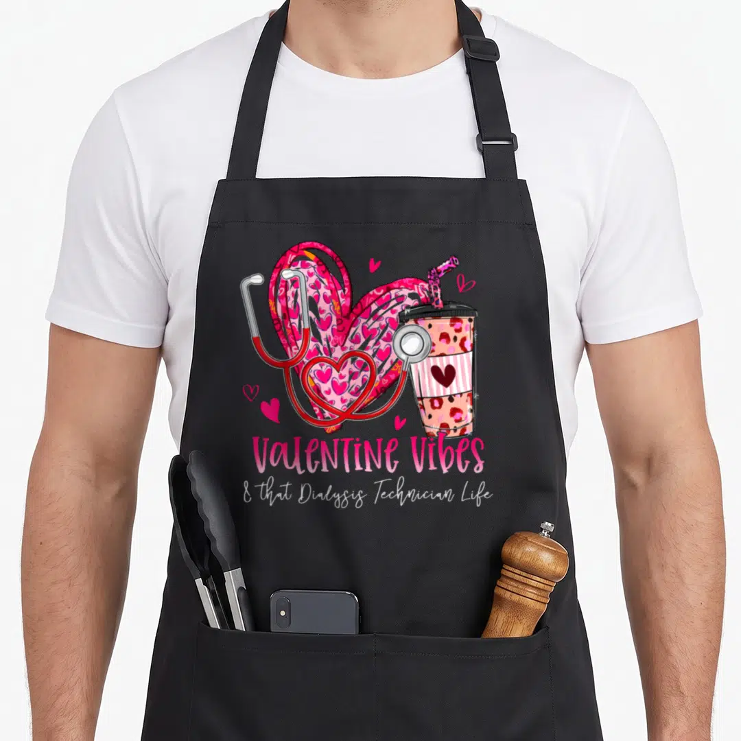 Anyone valentine's day apron - Cartoon heart patterned with small hearts, red stethoscope, leopard cup, and Valentine — shown on a black cotton canvas apron against a white background