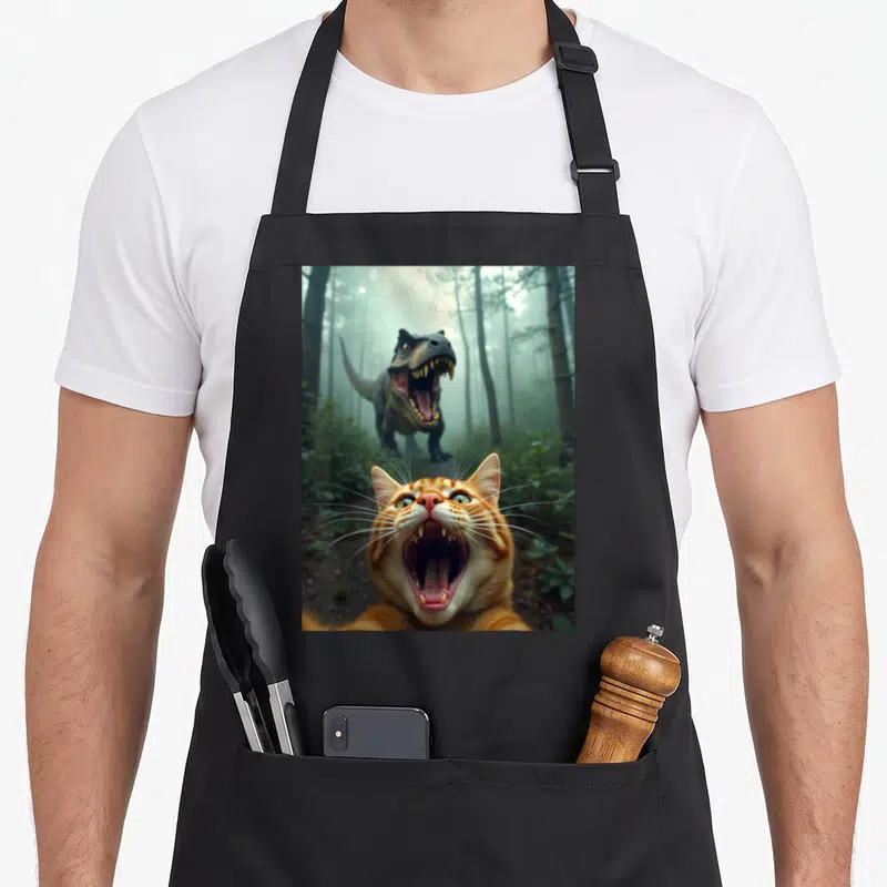 Rex cat apron - Orange cat head with open mouth and T-Rex standing in foggy forest — shown on a black cotton canvas apron against a white background