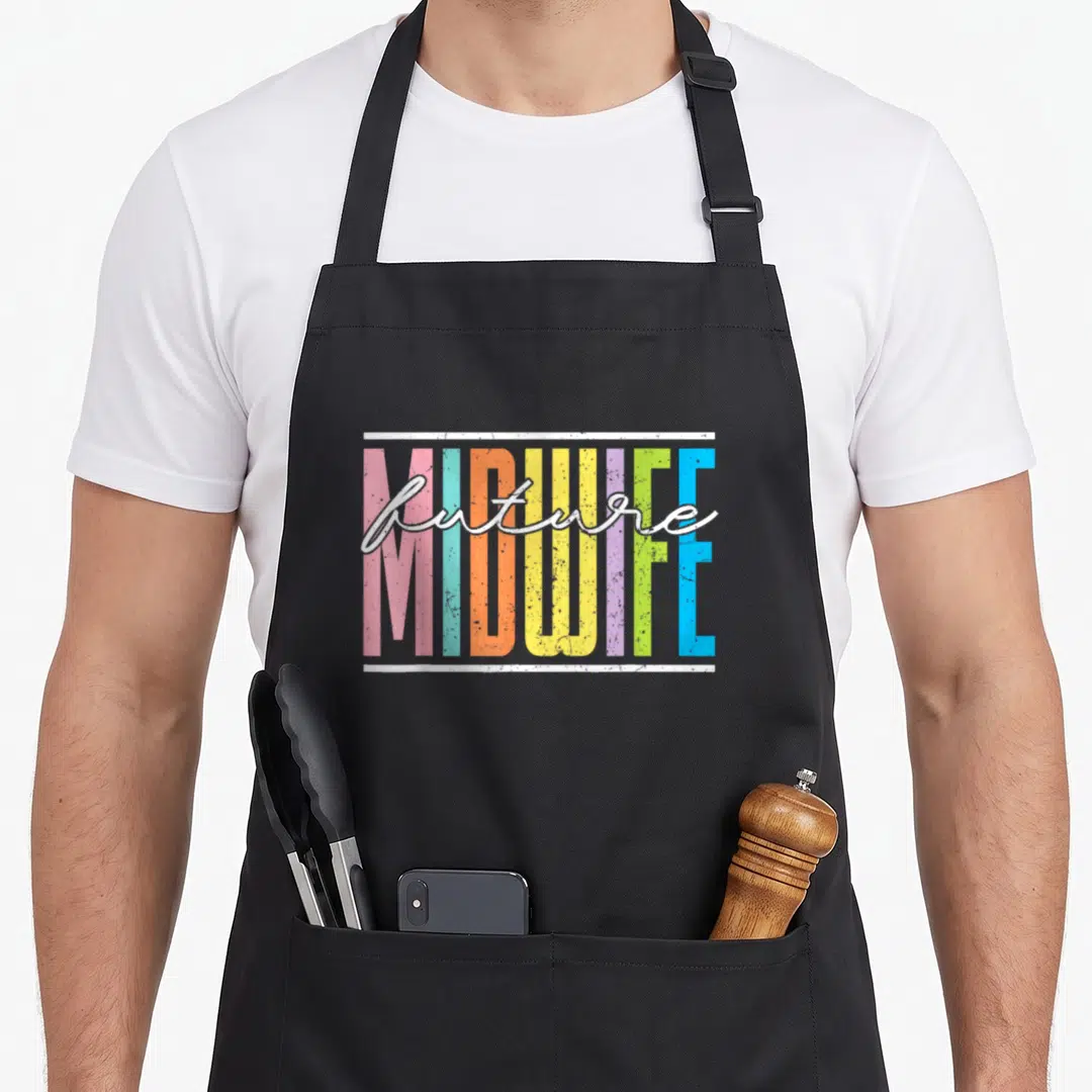 Future midwife apron - Multi-colored block text MIDWIFE with white script future overlaid between two horizontal lines — shown on a black cotton canvas apron against a white background