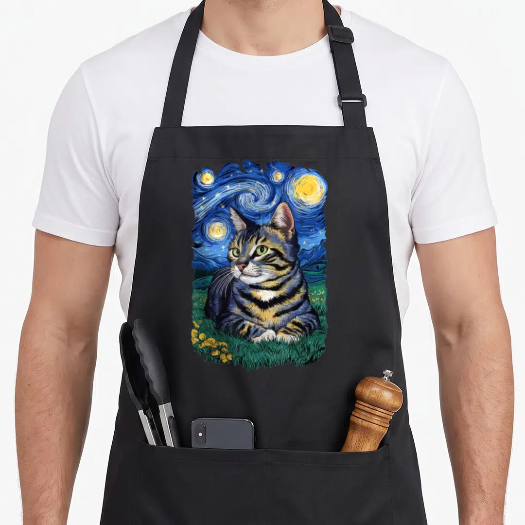 Van cat lady apron - Realistic tabby cat lying on green grass under a swirling blue starry night sky with yellow flowers — shown on a black cotton canvas apron against a white background