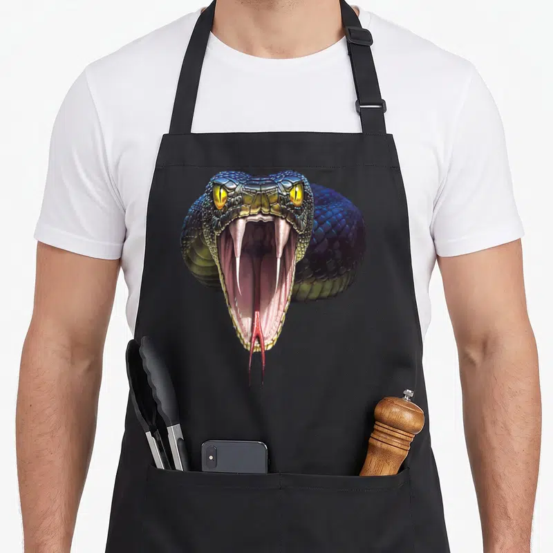 Mamba halloween apron - Realistic snake head with open mouth, blue scales, and red tongue — shown on a black cotton canvas apron against a white background