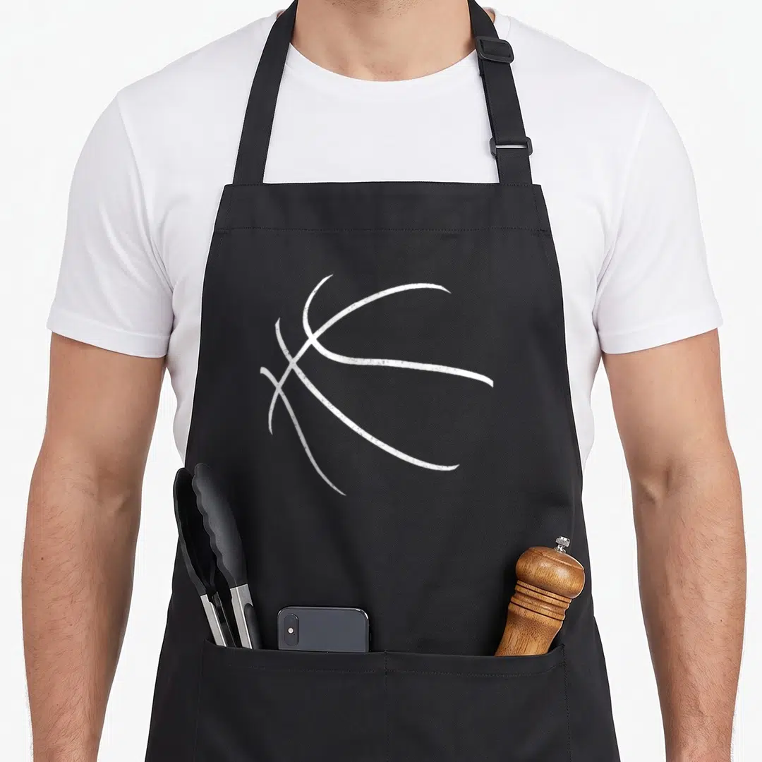 Silhouette basketball apron - Minimalist white line drawing of a basketball centered on a black bib apron — shown on a black cotton canvas apron against a white background