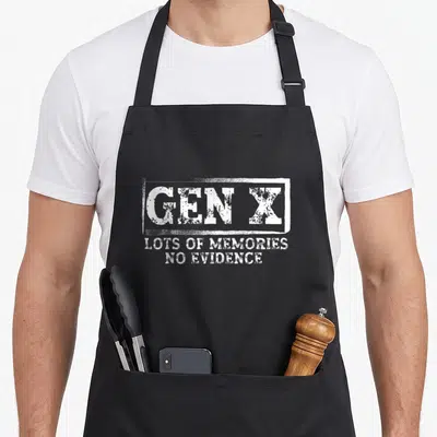 Gen sarcastic apron - White distressed text reading Gen X lots of memories no evidence on black fabric — shown on a black cotton canvas apron against a white background