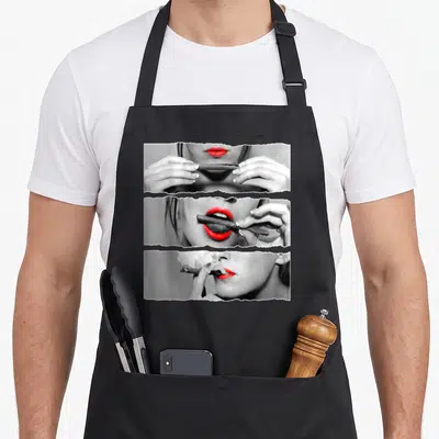 Rolling smoking apron - Three stacked photo panels of woman with red lips holding cigar in grey and red — shown on a black cotton canvas apron against a white background