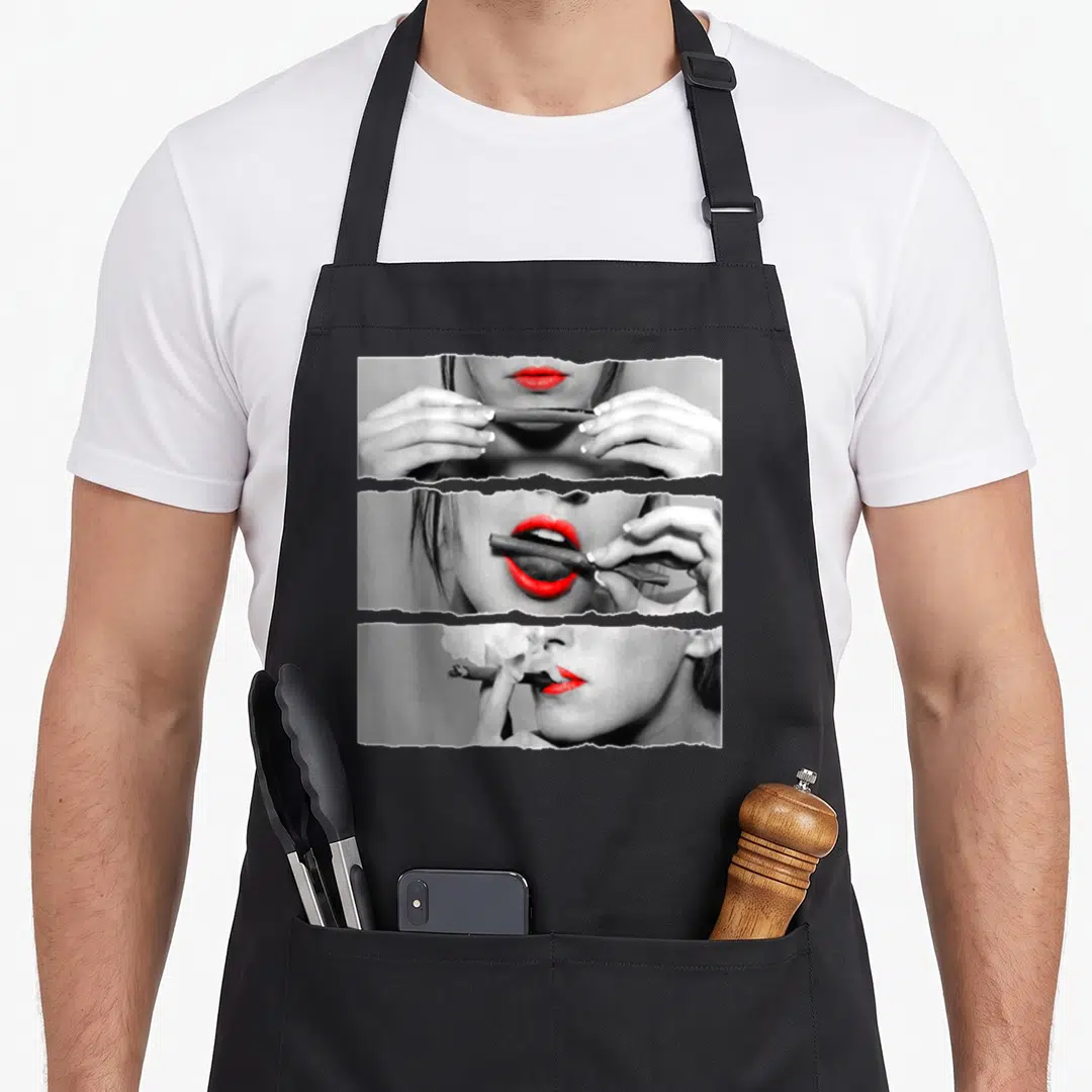 Rolling smoking apron - Three stacked photo panels of woman with red lips holding cigar in grey and red — shown on a black cotton canvas apron against a white background
