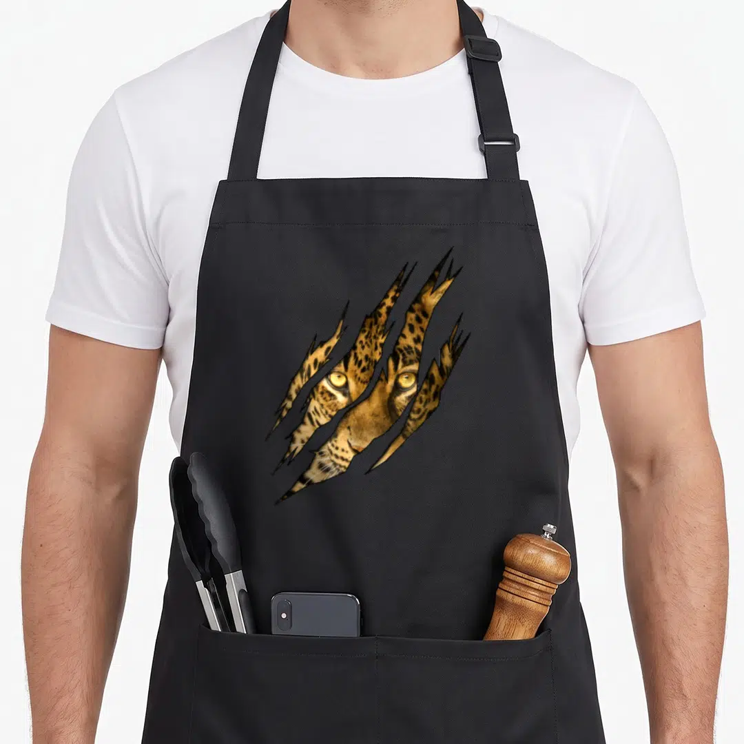 Cheetah leopard apron - Realistic leopard face visible through diagonal claw rips in orange and black fur pattern — shown on a black cotton canvas apron against a white background