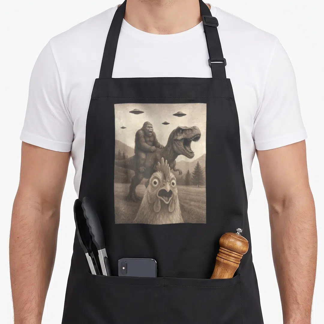 Selfie chicken apron - Realistic rooster head with gorilla riding T-Rex and four UFOs over mountains — shown on a black cotton canvas apron against a white background