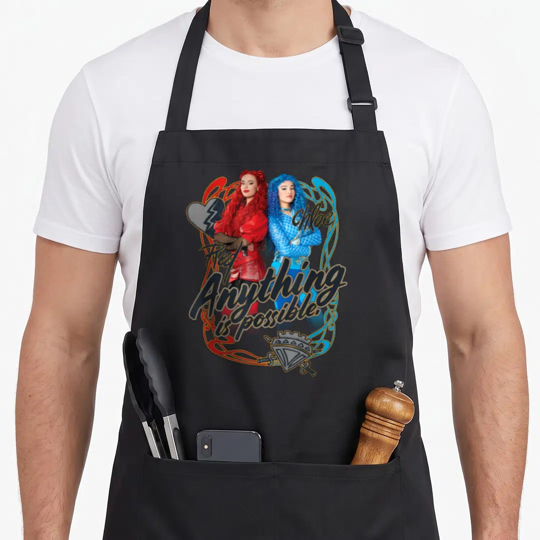 Possible novelty apron - Two women back-to-back with Red Chloe text and heart lightning bolt crown diamond swords — shown on a black cotton canvas apron against a white background