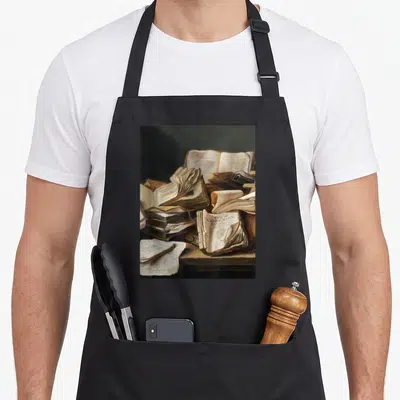 Book dark academia apron - Vintage still life of scattered old books and papers on wood with text RODDRICK ALPHONSVS — shown on a black cotton canvas apron against a white background