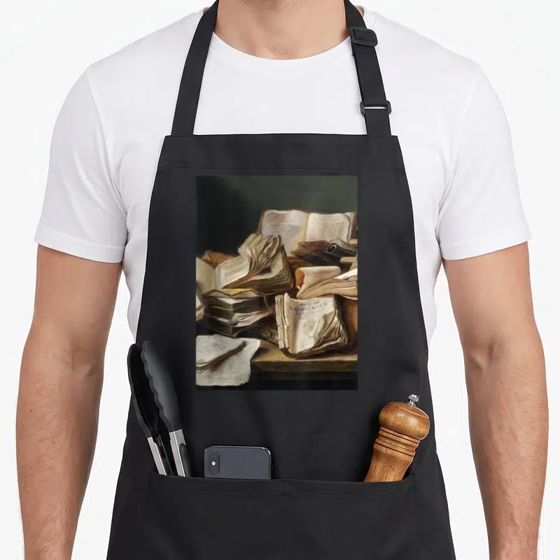 Book dark academia apron - Vintage still life of scattered old books and papers on wood with text RODDRICK ALPHONSVS — shown on a black cotton canvas apron against a white background