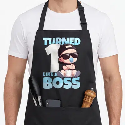 1st bbq boss apron - Cartoon baby with sunglasses and hat sitting over white number 1 with light blue text — shown on a black cotton canvas apron against a white background