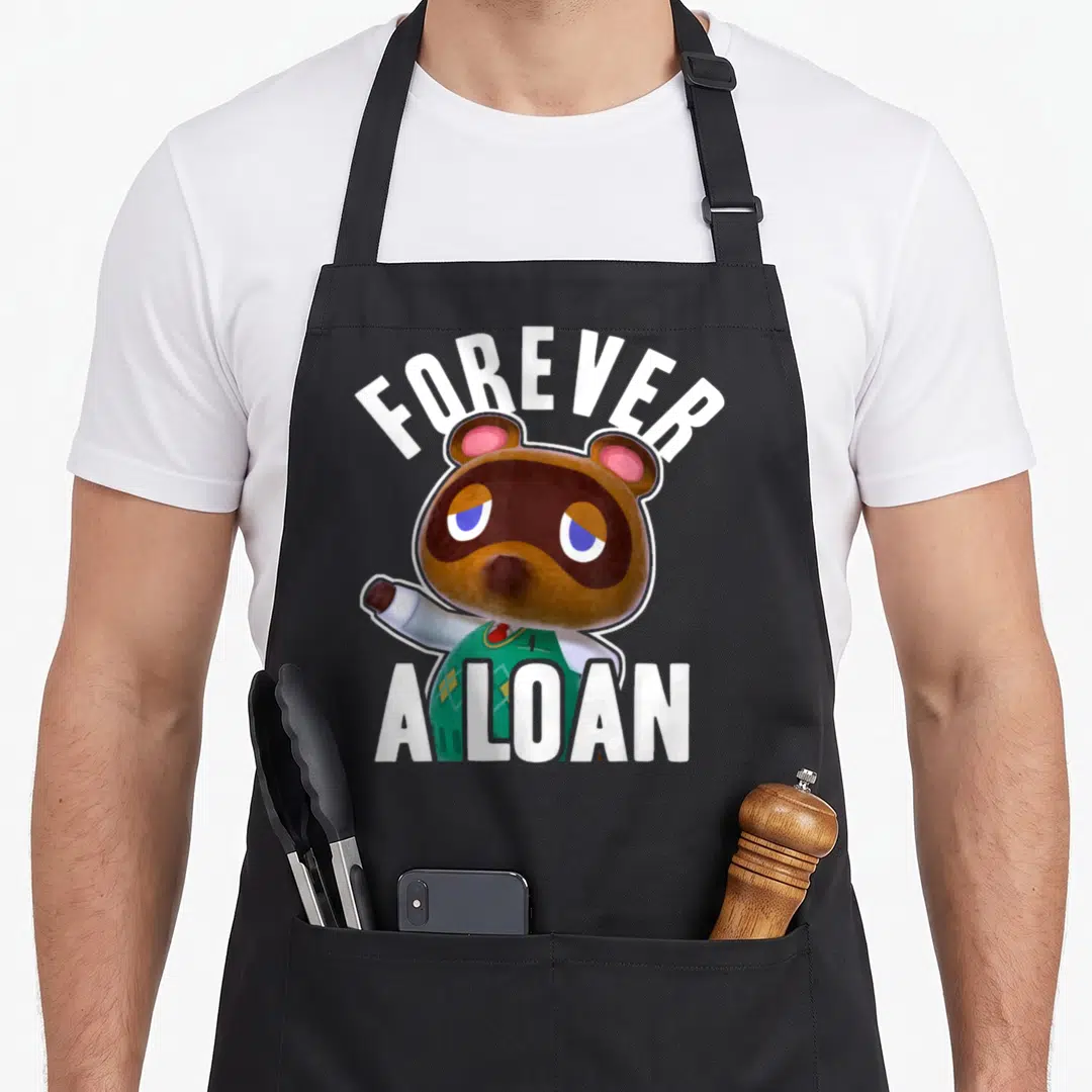 Tom animal apron - Cartoon raccoon in green vest with FOREVER A LOAN text — shown on a black cotton canvas apron against a white background