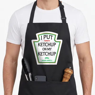 Funny ketchup halloween apron - White label graphic with black text I put tomato ketchup on my ketchup pickle shake — shown on a black cotton canvas apron against a white background
