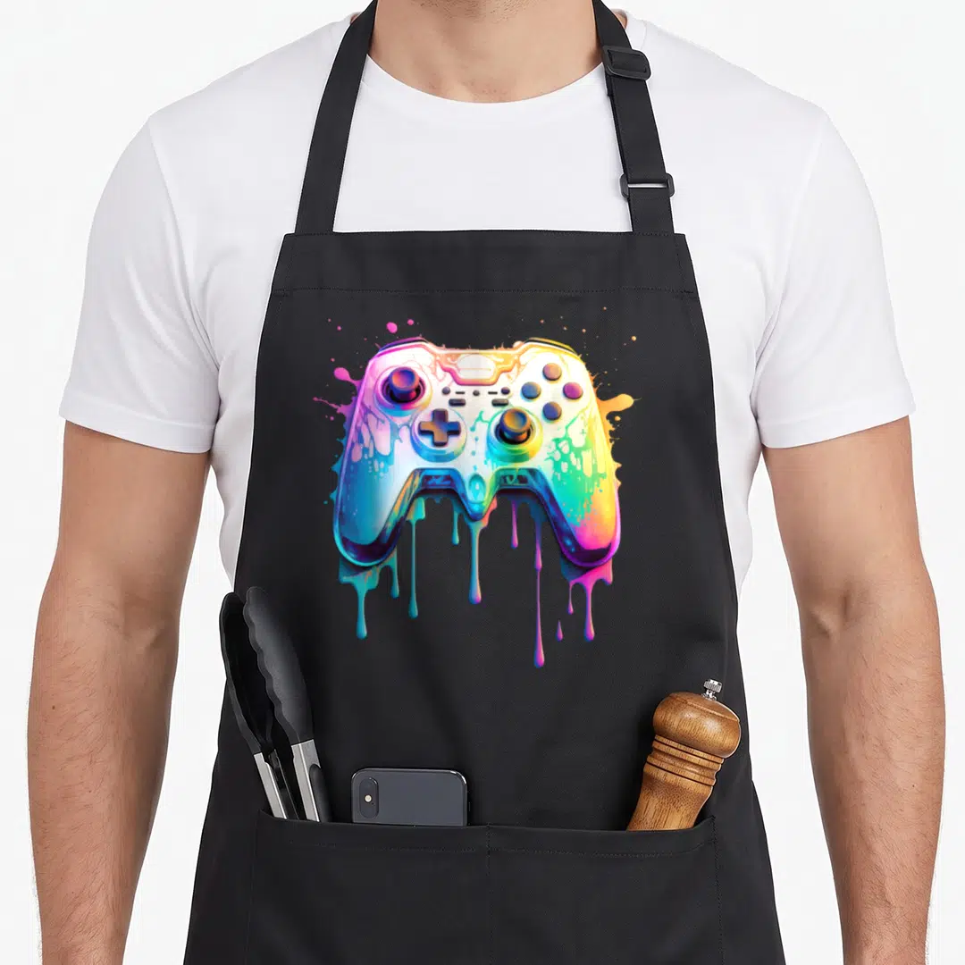 Gamer colorful apron - Cartoon game controller with blue pink yellow and green paint dripping down the front panel — shown on a black cotton canvas apron against a white background