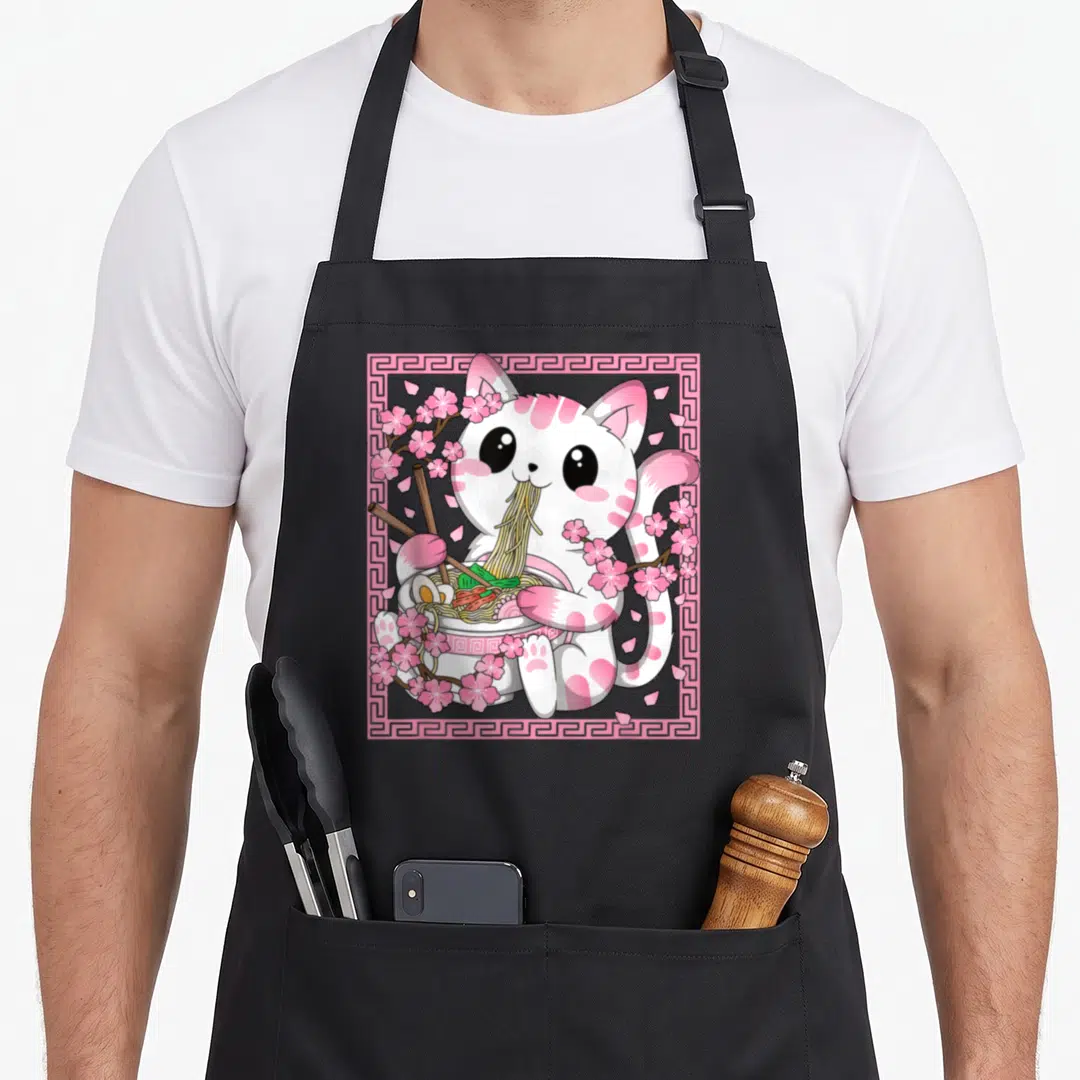 Cherry cat apron - White cat with pink stripes eating ramen noodles surrounded by cherry blossoms and pink geometric — shown on a black cotton canvas apron against a white background