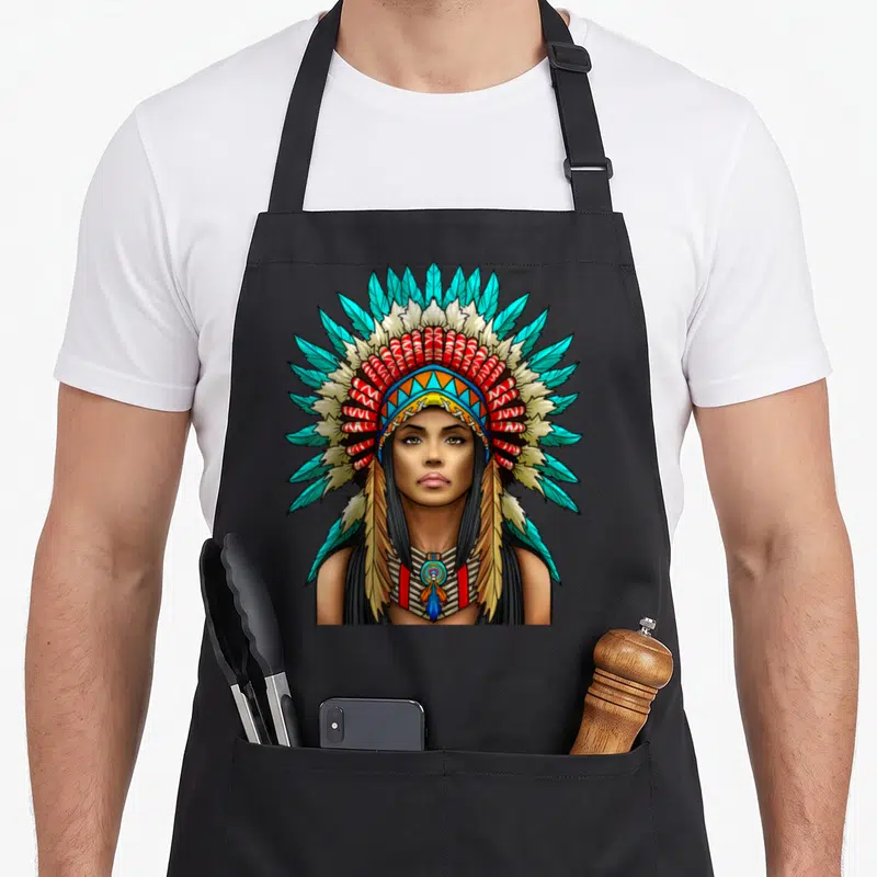 Warrior native american apron - Cartoon woman with large blue red brown and yellow feathered headdress and matching — shown on a black cotton canvas apron against a white background