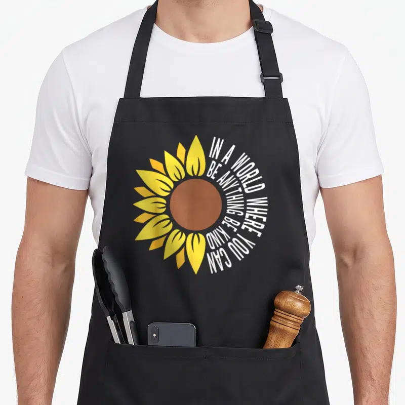 Unity sunflower apron - Yellow sunflower with white text wrapped in circle reading be kind on black fabric — shown on a black cotton canvas apron against a white background
