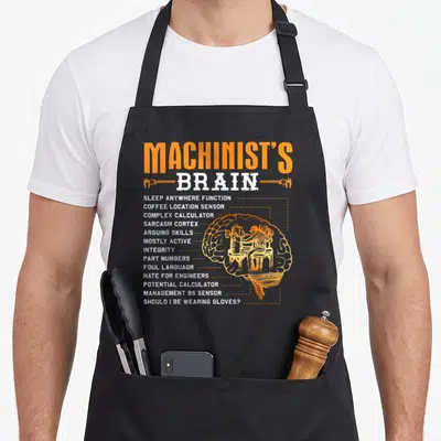 Funny brain machinist apron - Orange brain diagram with lathe illustration and function list including sarcasm cortex — shown on a black cotton canvas apron against a white background