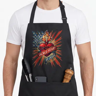 Dedication faith christian apron - Retro sacred heart of Jesus print with red heart, thorns, cross, and blue star rays — shown on a black cotton canvas apron against a white background