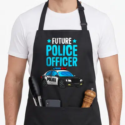 Toddler police apron - Future Police Officer text above cartoon police car with blue and white details — shown on a black cotton canvas apron against a white background