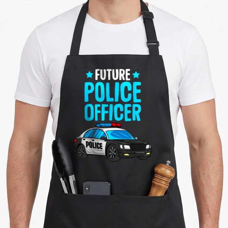 Toddler police apron - Future Police Officer text above cartoon police car with blue and white details — shown on a black cotton canvas apron against a white background