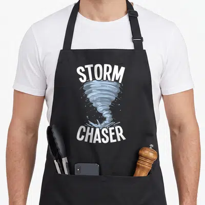 Chaser meteorology meteorologist apron - Blue cartoon tornado centered between white arched text STORM and CHASER — shown on a black cotton canvas apron against a white background