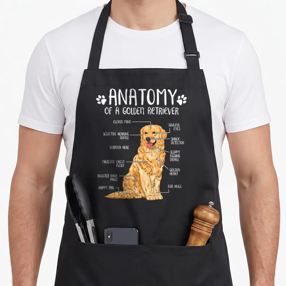 Anatomy golden retriever apron - Diagram of a golden retriever with labels pointing to snack detector and happy tail — shown on a black cotton canvas apron against a white background