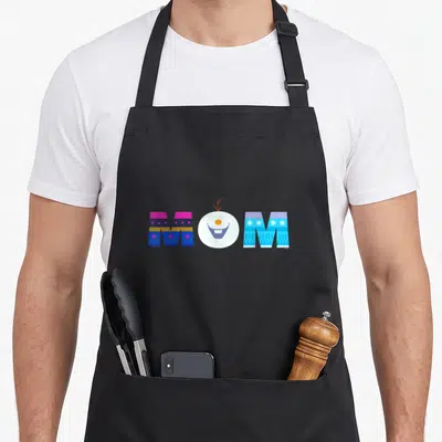 Anna mother's day aprons - MOM text with Olaf head and purple blue snowflake patterns — shown on a black cotton canvas apron against a white background